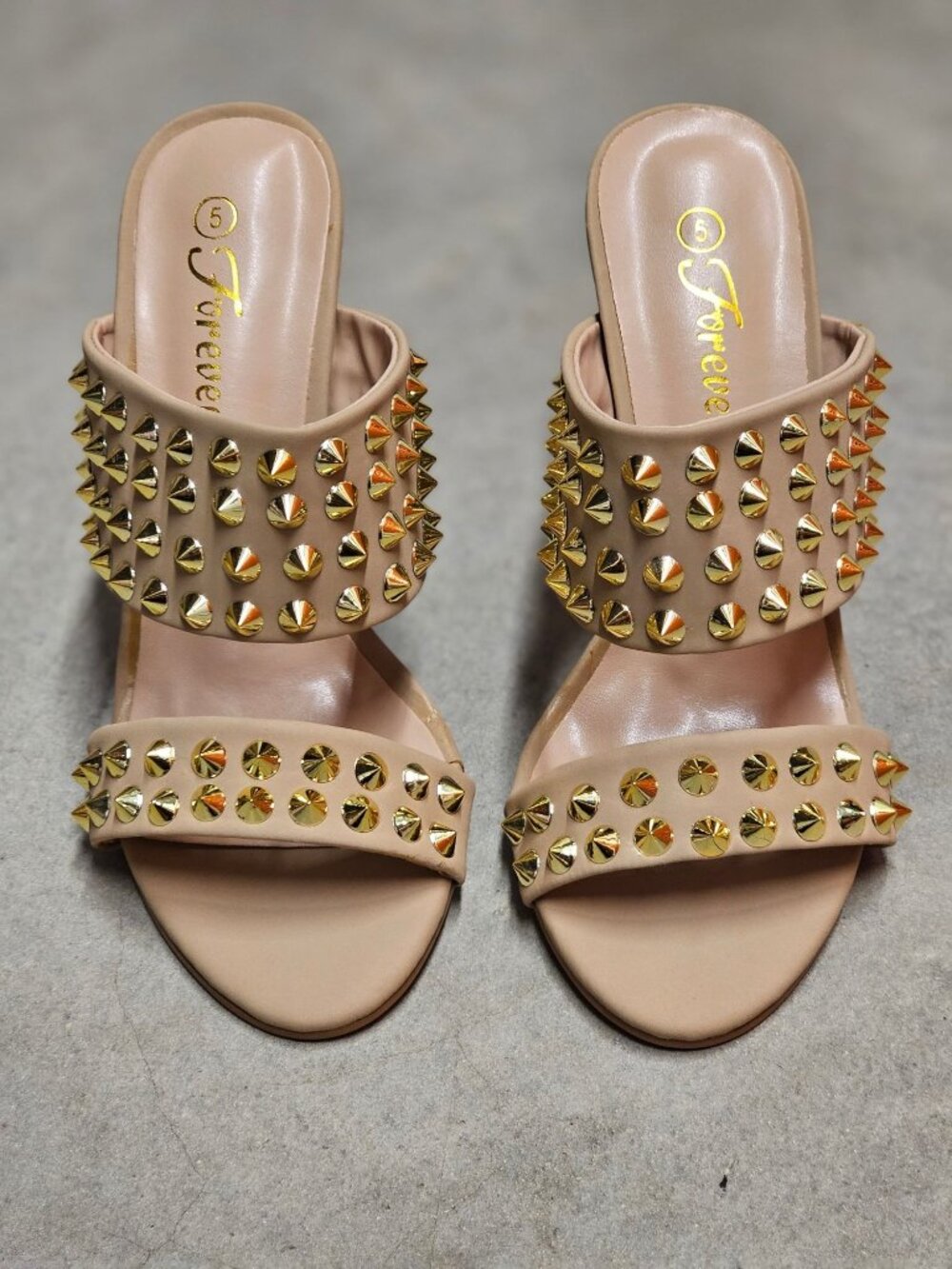 Studded Nude High Heel Slide Sandals - Picture 4 of 14